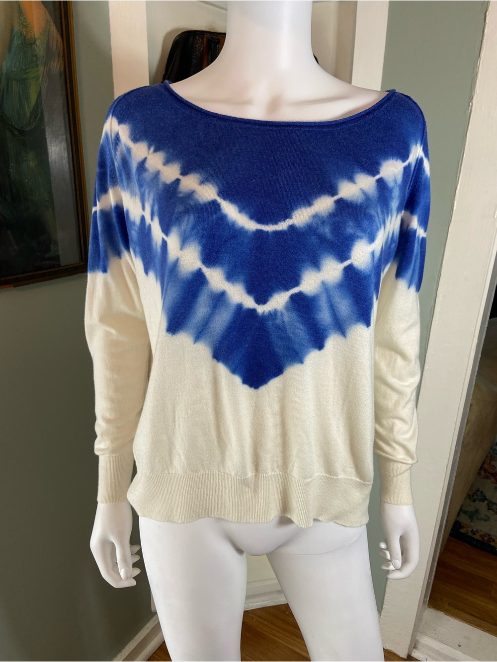 Joie Blue Cream Emari Chevron Tie-Dye Lightweight Knit Sweater Wool Blend S [CH]